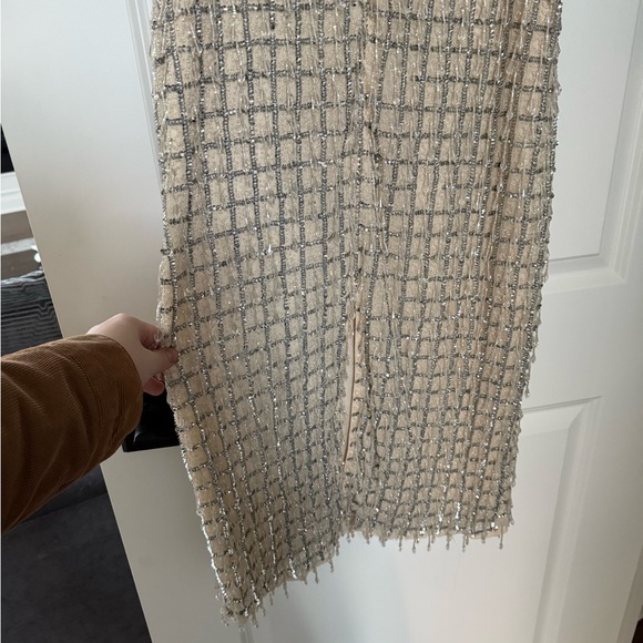 Mac Duggal Beige Sleeveless High neck beaded midi dress - Picture 8 of 16